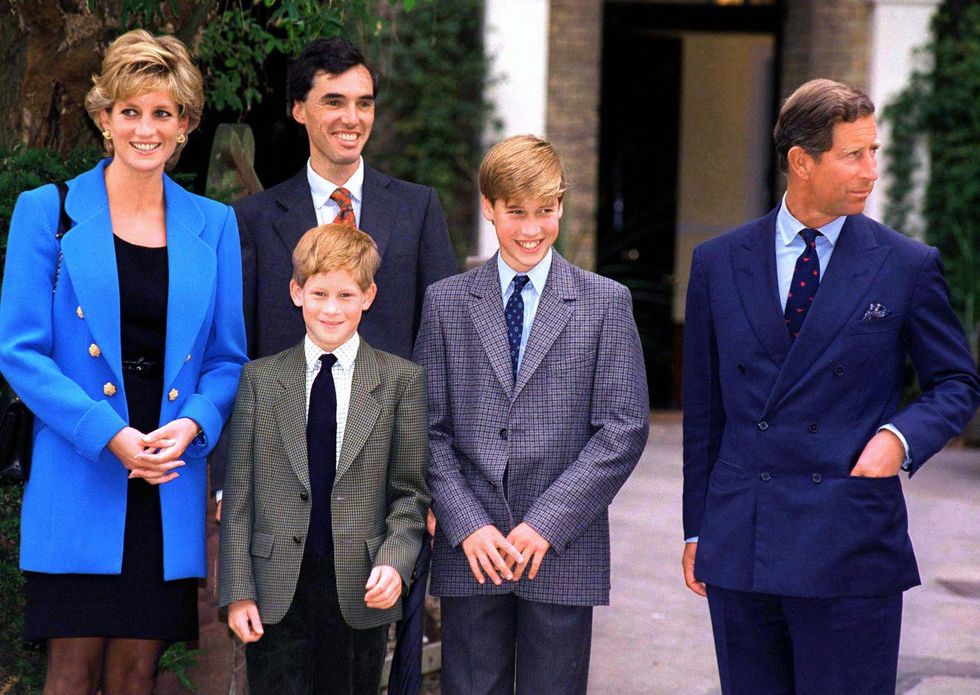 Image of Prince William, Prince Harry, Princess Diana and the then-Prince of Wales at Eton