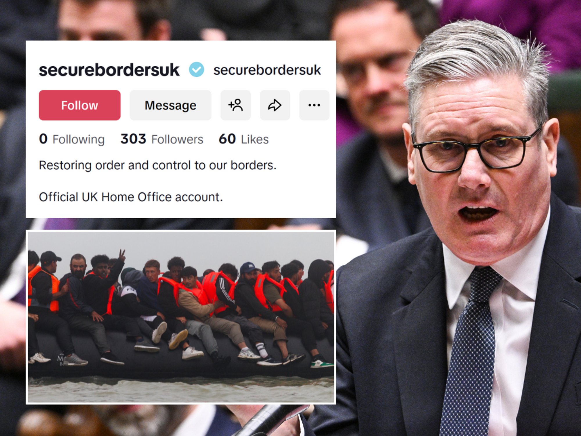 Image of SecureBordersUK official page on TikTok; small boat migrants; Keir Starmer in the Commons