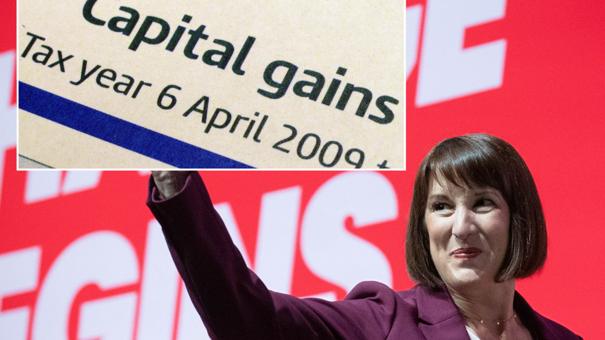 Image of the Chancellor, Rachel Reeves. Inset image of capital gains tax form.
