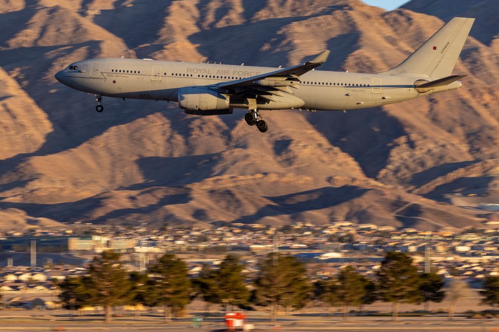 Image shows a. RAF Voyager from RAF Brize Norton landing at Nellis Air Force Base during Red Flag 23-1. A Royal Air Force detachment, operating from Nellis Air Base Nevada, is honing its cutting-edge air combat skills in the largest scale Exercise Red Flag to date.Exercise Red Flag is the pre-eminent annual air combat training exercise run by the United States. The United States Air Force has expanded this long-established exercise to include a vastly increased geographical area to challenge participants to overcome what USAF planners are calling the Tyranny of Distance in addition to the traditional combat air missions of previous exercises.The Exercise has previously been run over the Nevada Test and Training Range and area of 12,000 square miles of airspace and 2.9 million acres of land. Now training areas in Utah and California have been added, as well as missions being flow out over the Californian Pacific Coast. The exercise area has therefore become vast and is aimed to reflect the challenges of conducting air operations at range The RAF detachment of around 300 personnel currently taking part on the exercise is operating seven Typhoons from RAF Lossiemouth based II (Army Co-operation) Squadron, plus a Voyager operated from 10 and 101 Squadron based at RAF Brize Norton. In addition, aircrew from 51 Squadron based at RAF Waddington have been integrated into the flight crew of a USAF RC-135 Rivet Joint intelligence gathering aircraft. Australia is the only other nation participating, reflecting the close Defence partnership between our three countries.