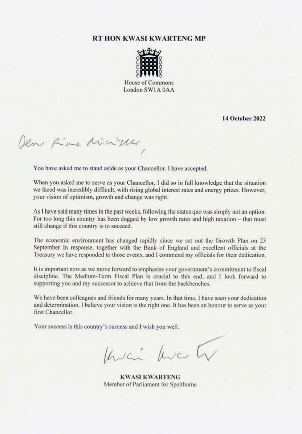 Image taken from the Twitter feed of the Chancellor of the Exchequer Kwasi Kwarteng of his resignation letter. Kwasi Kwarteng said he has accepted Prime Minister Liz Truss' request he %22stand aside%22 as Chancellor. Issue date: Friday October 14, 2022.