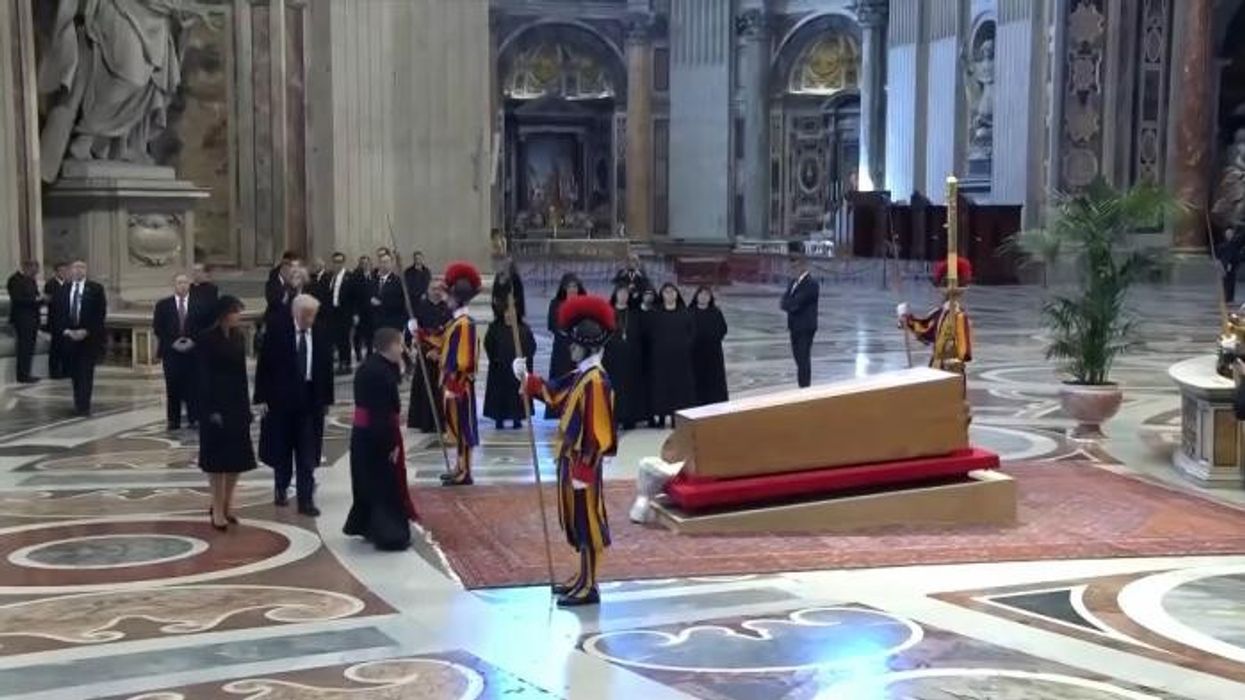 Donald Trump shares private moment with Pope Francis coffin ahead of funeral