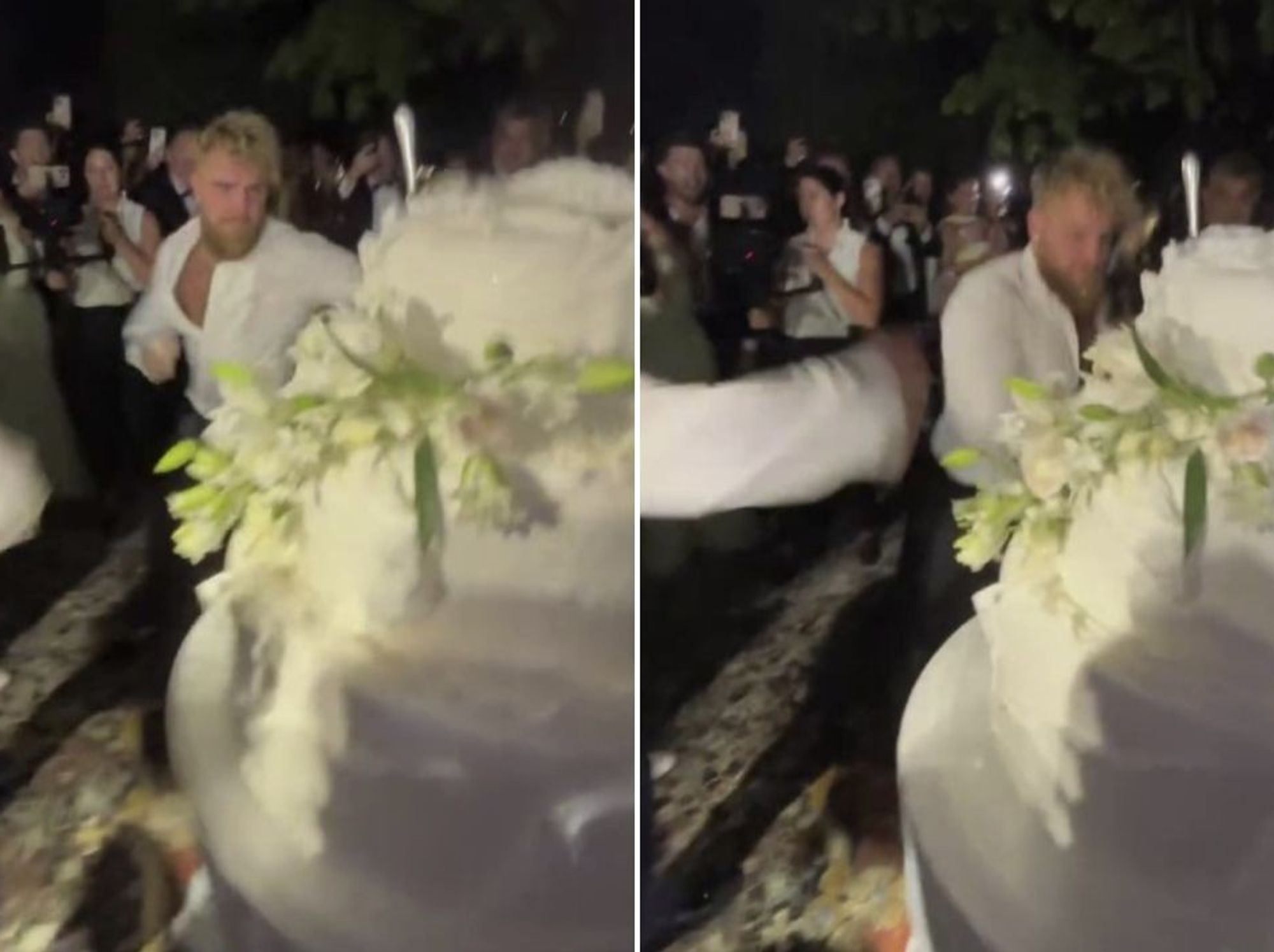 Jake Paul bizarrely beats up Logan Paul's wedding cake as WWE star ties knot with Nina Agdal
