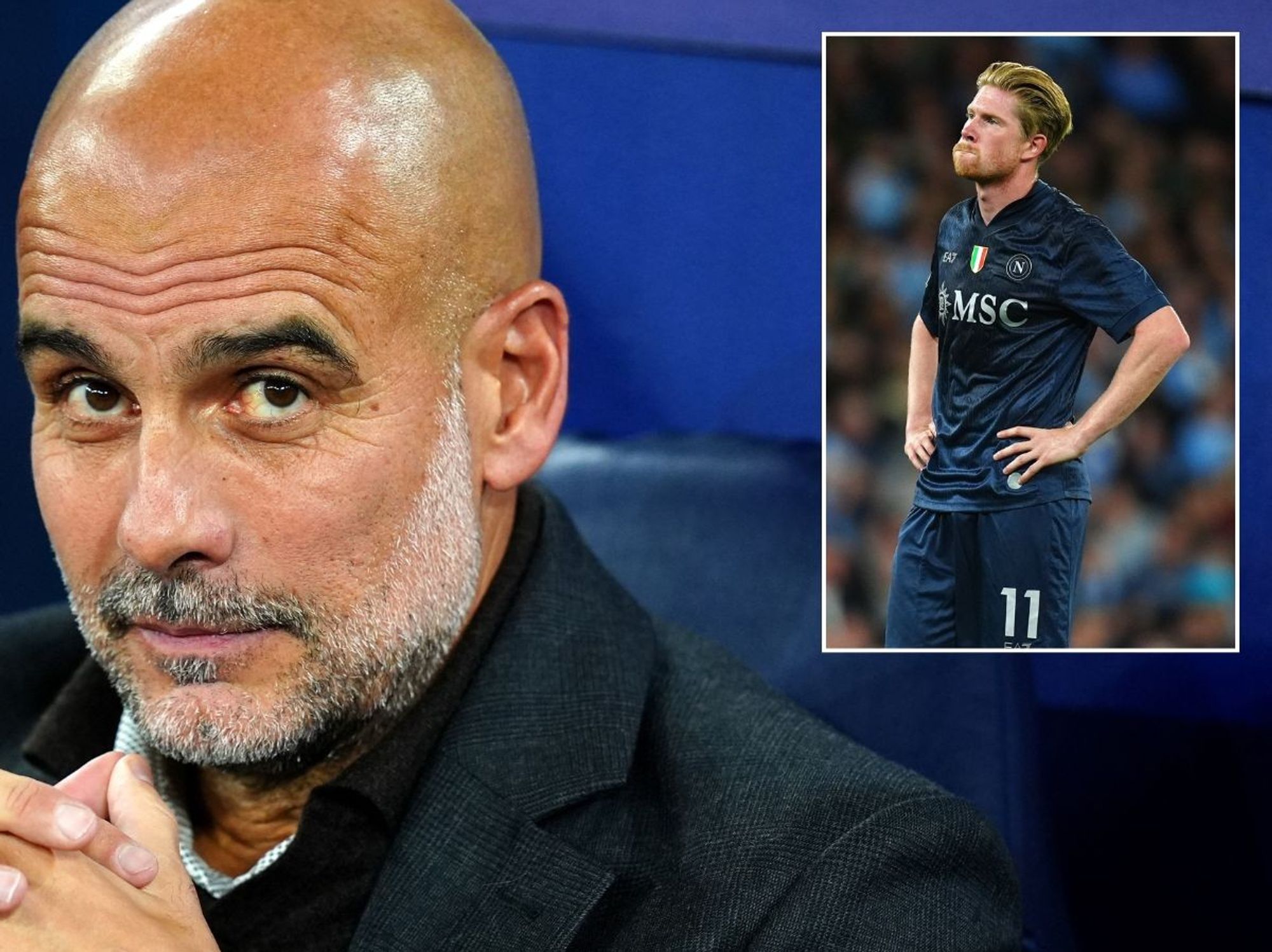 Pep Guardiola reacts to Kevin De Bruyne's early substitution after Man City beat Napoli in Champi...