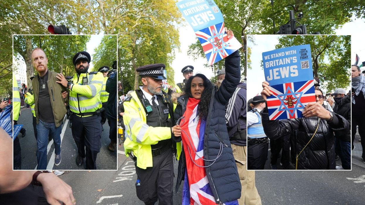 Police remove people carrying placards saying 'we stand with Britain's Jews' as pro-Palestine pro...
