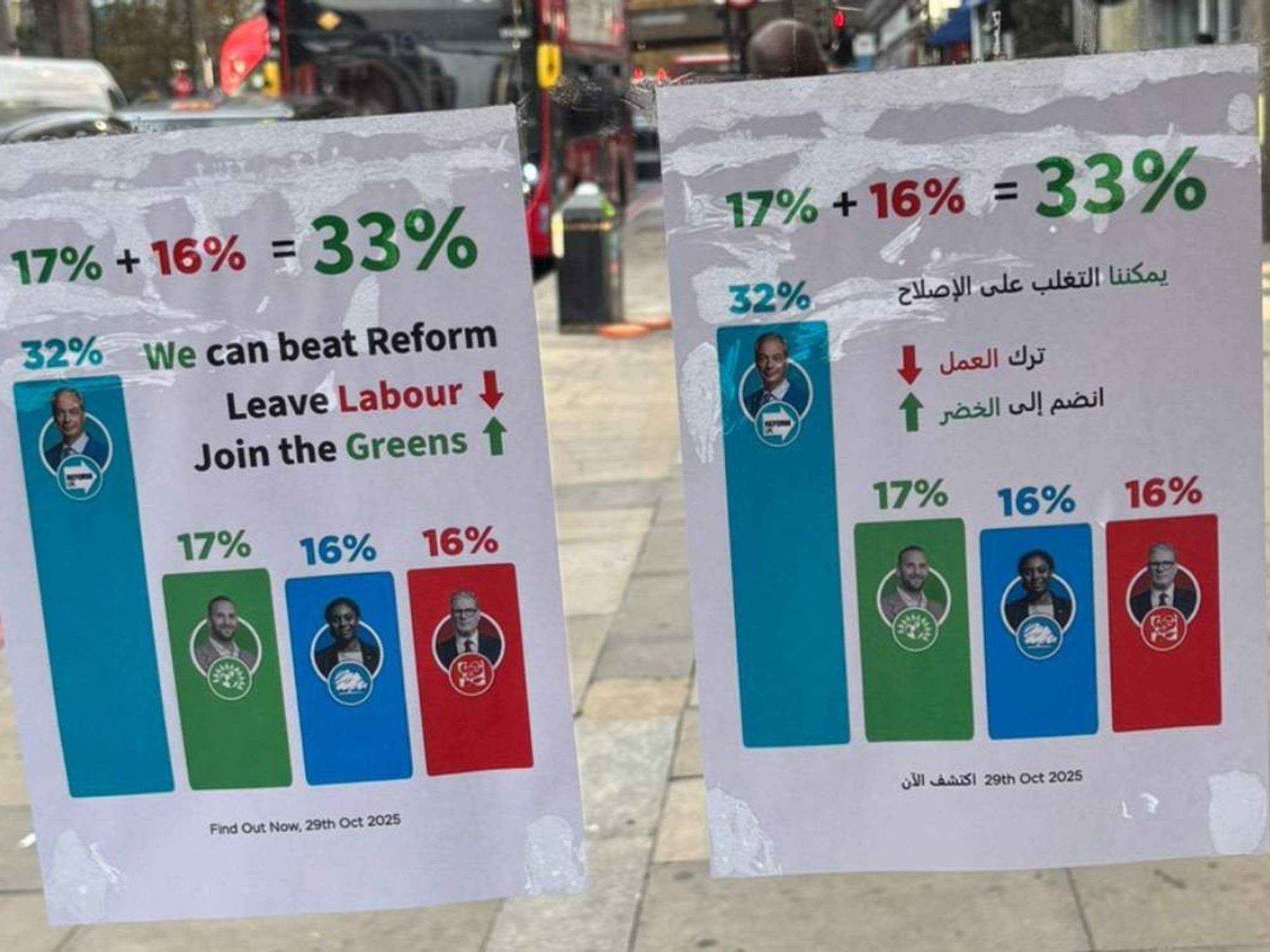 'We can beat Reform!' Arabic poster urging Labour voters to switch to Green to block Nigel Farage...
