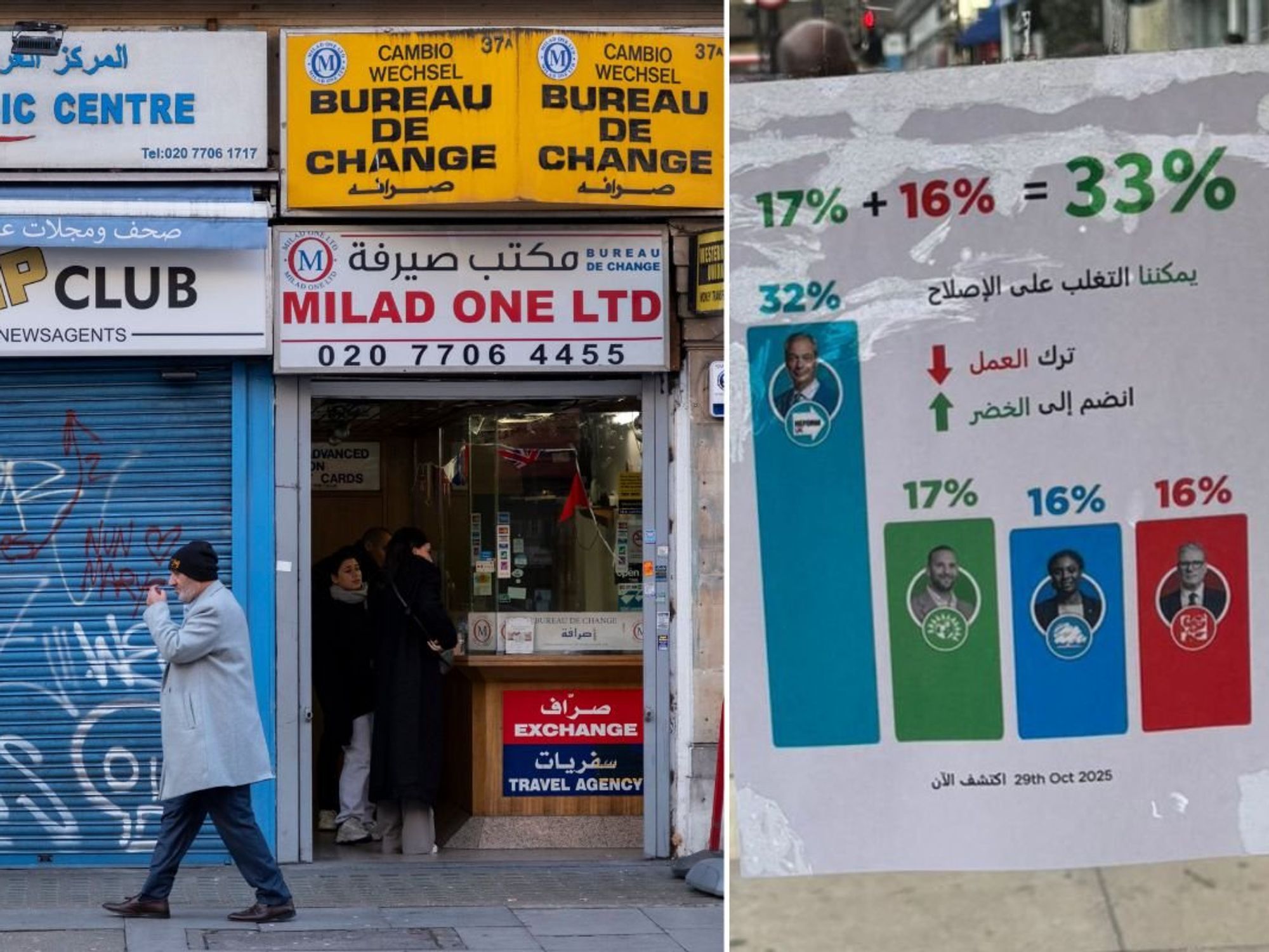 'We can beat Reform!' Arabic poster urging Labour voters to switch to Greens to block Nigel Farag...