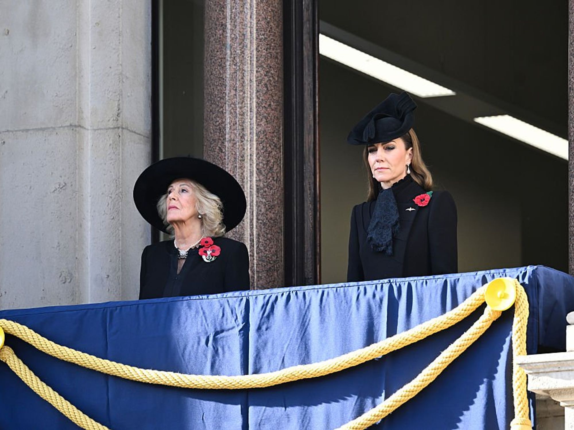 Queen Camilla takes senior position on central Remembrance Sunday balcony beside Princess Kate