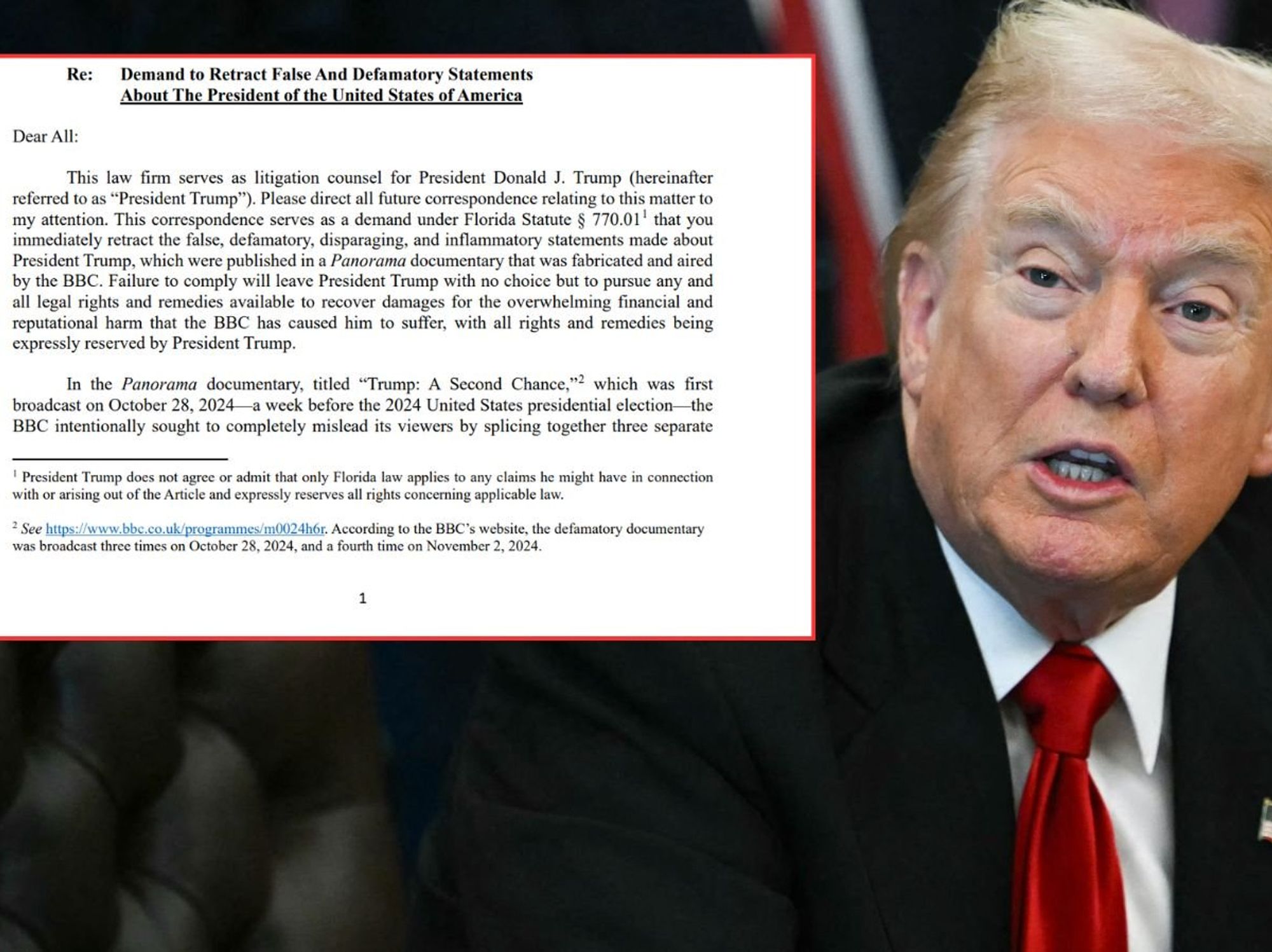 Donald Trump's legal letter to the BBC warning of 'overwhelming financial and reputational harm' ...