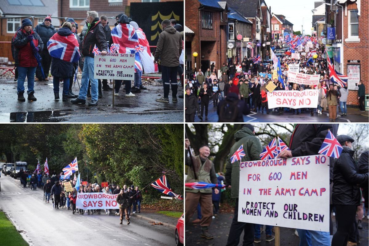 PICTURED: Thousands descend on leafy English town to protest against plan to house 600 migrants in army camp