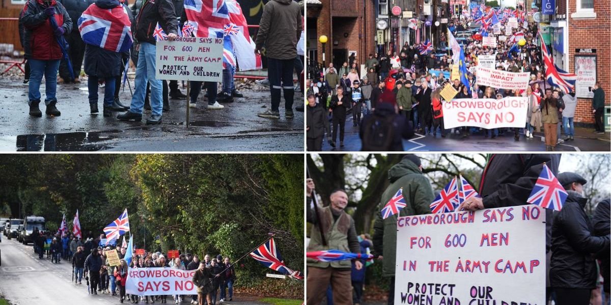 Thousands descend on Crowborough to protest against plan to house 600 migrants in Sussex army camp Thousands descend on Crowborough to protest against plan to house 600 migrants in Sussex army camp