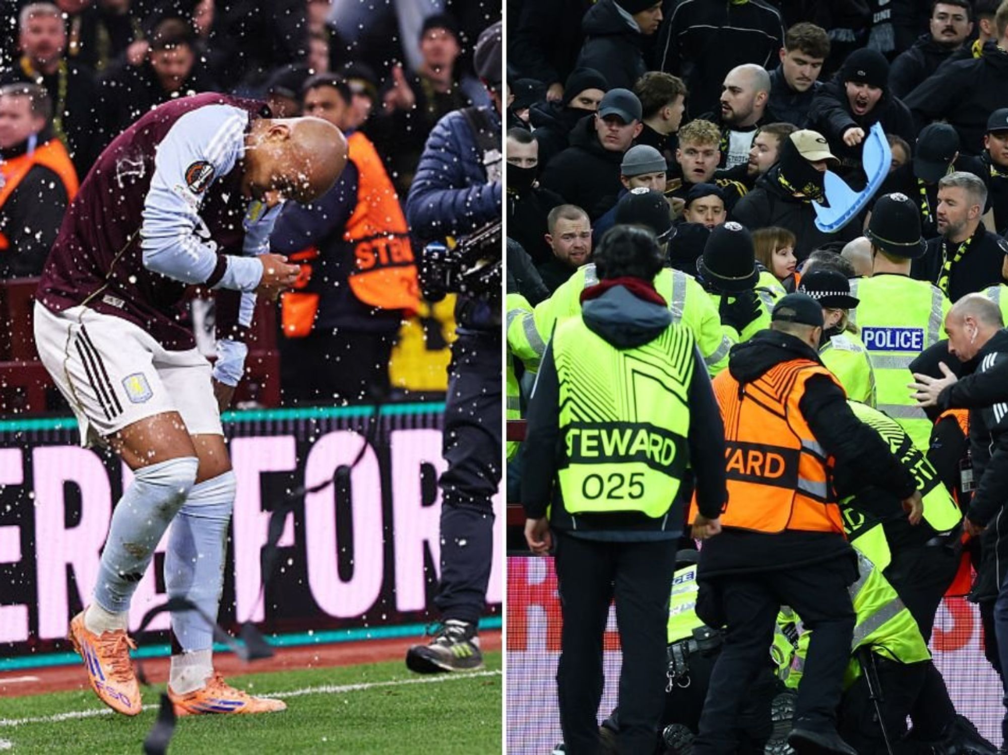 Aston Villa star bleeding as Young Boys fans throw seats at police in first European match since ...