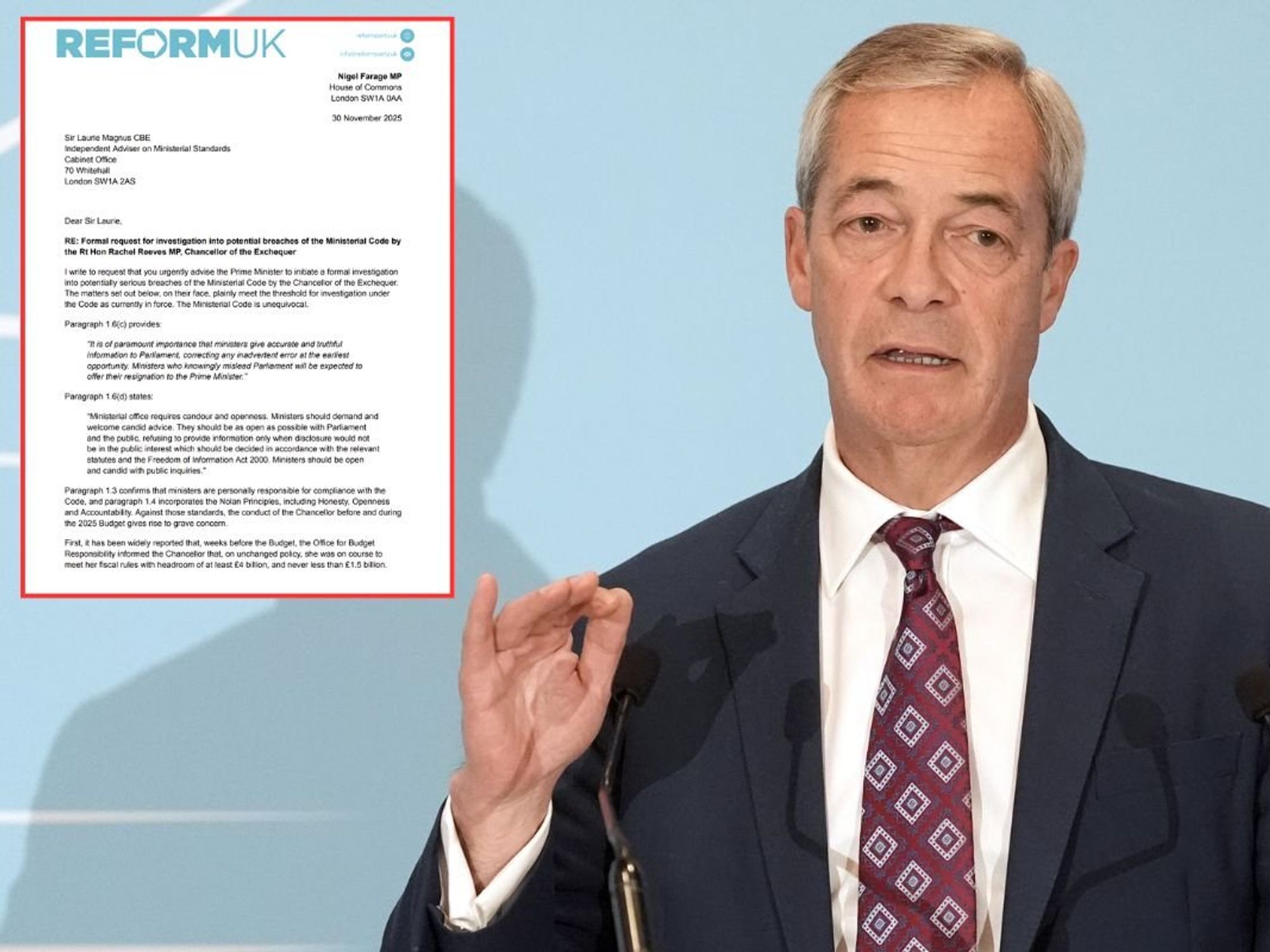 Nigel Farage reports Rachel Reeves to PM's ethics adviser after 'serious Budget breach' allegations