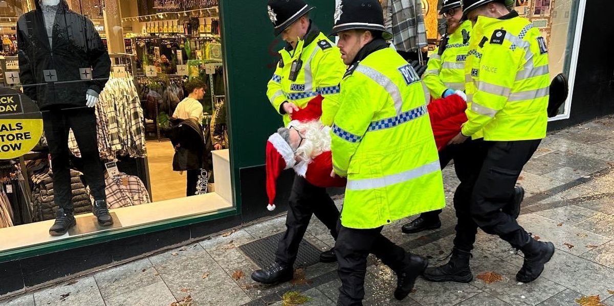 Norwich news: Father Christmas arrested during Defend Our Juries protest in support of Palestine Action and shouts at police Norwich news: Father Christmas arrested during Defend Our Juries protest in support of Palestine Action and shouts at police