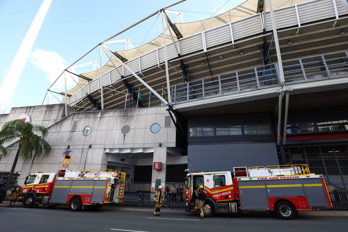 The Gabba evacuated with fire crews arriving at the scene before England and Australia Ashes Test