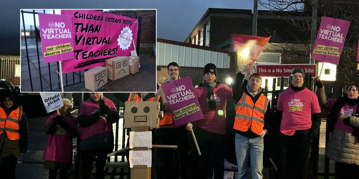Teaching staff walk out over school’s decision to hire ‘virtual teacher’ who lives more than 300 miles away Teaching staff walk out over school’s decision to hire ‘virtual teacher’ who lives more than 300 miles away