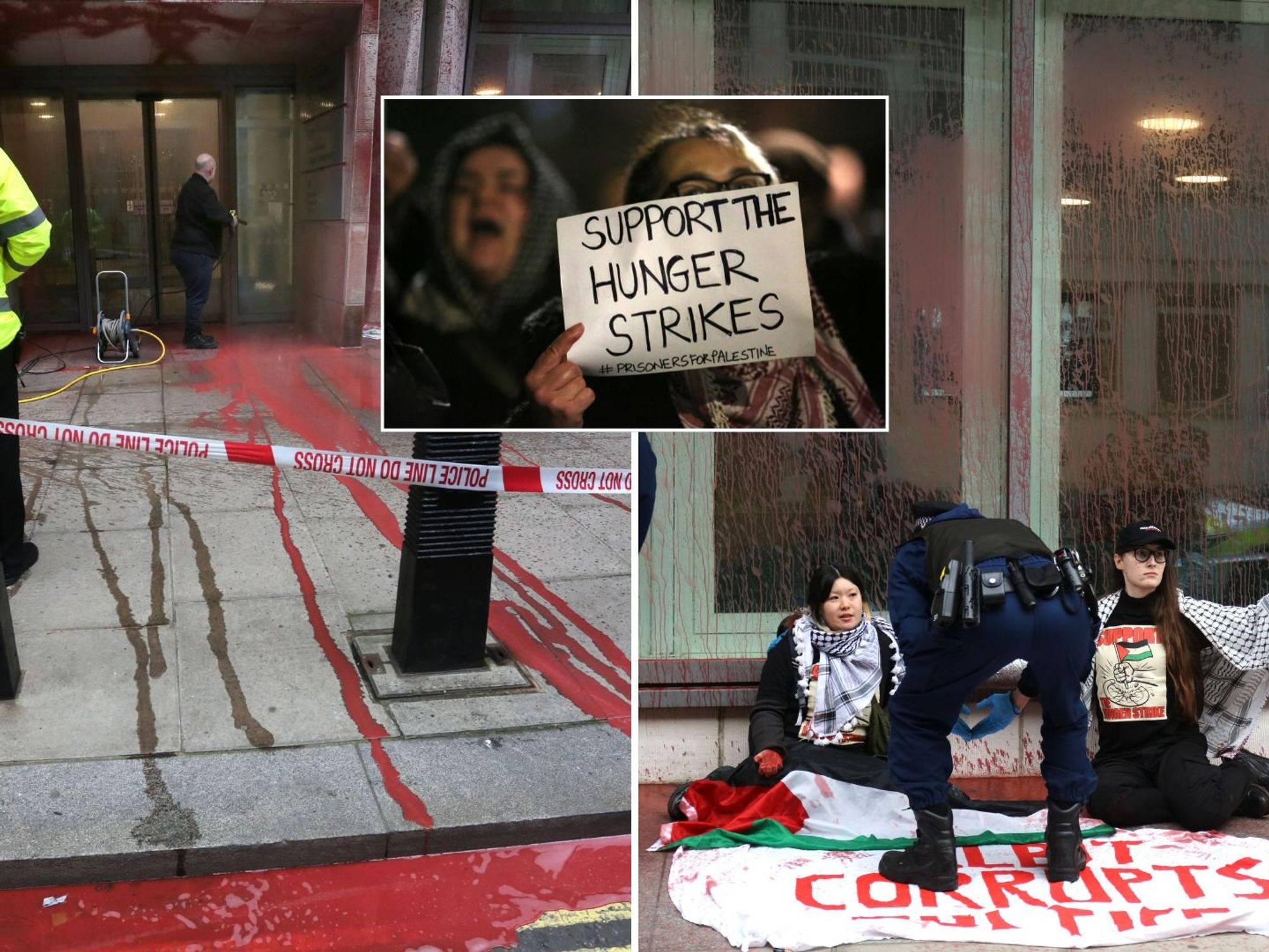 Pro-Palestine activists smother MoJ offices in red paint as hunger strikes drag on