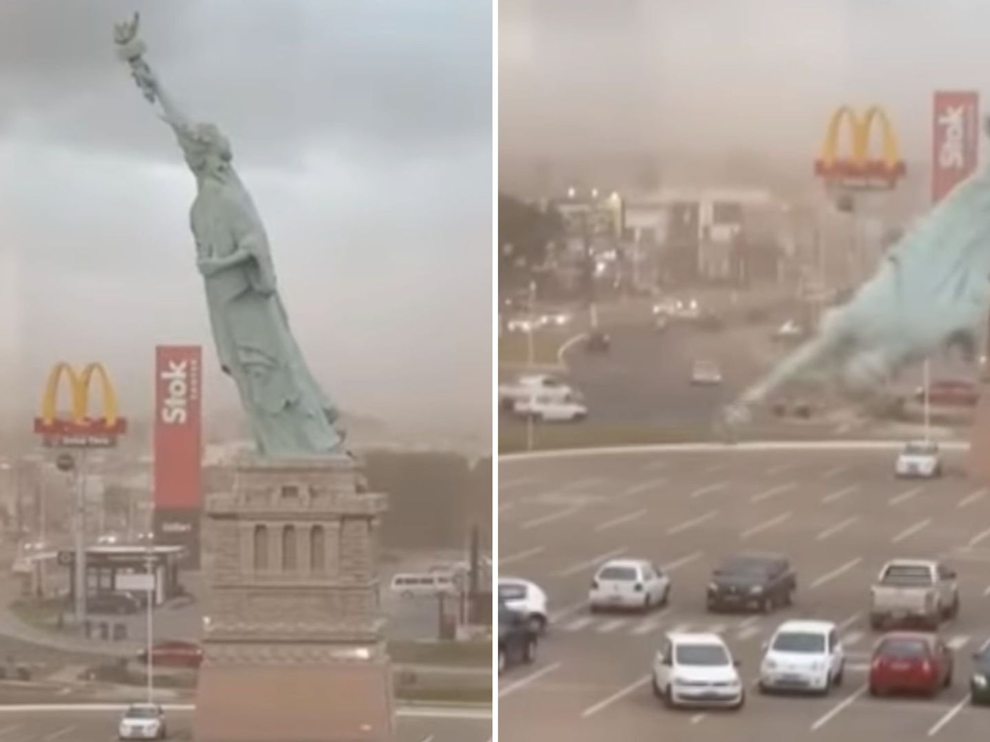 'Statue of Liberty' comes crashing down after being battered by high winds