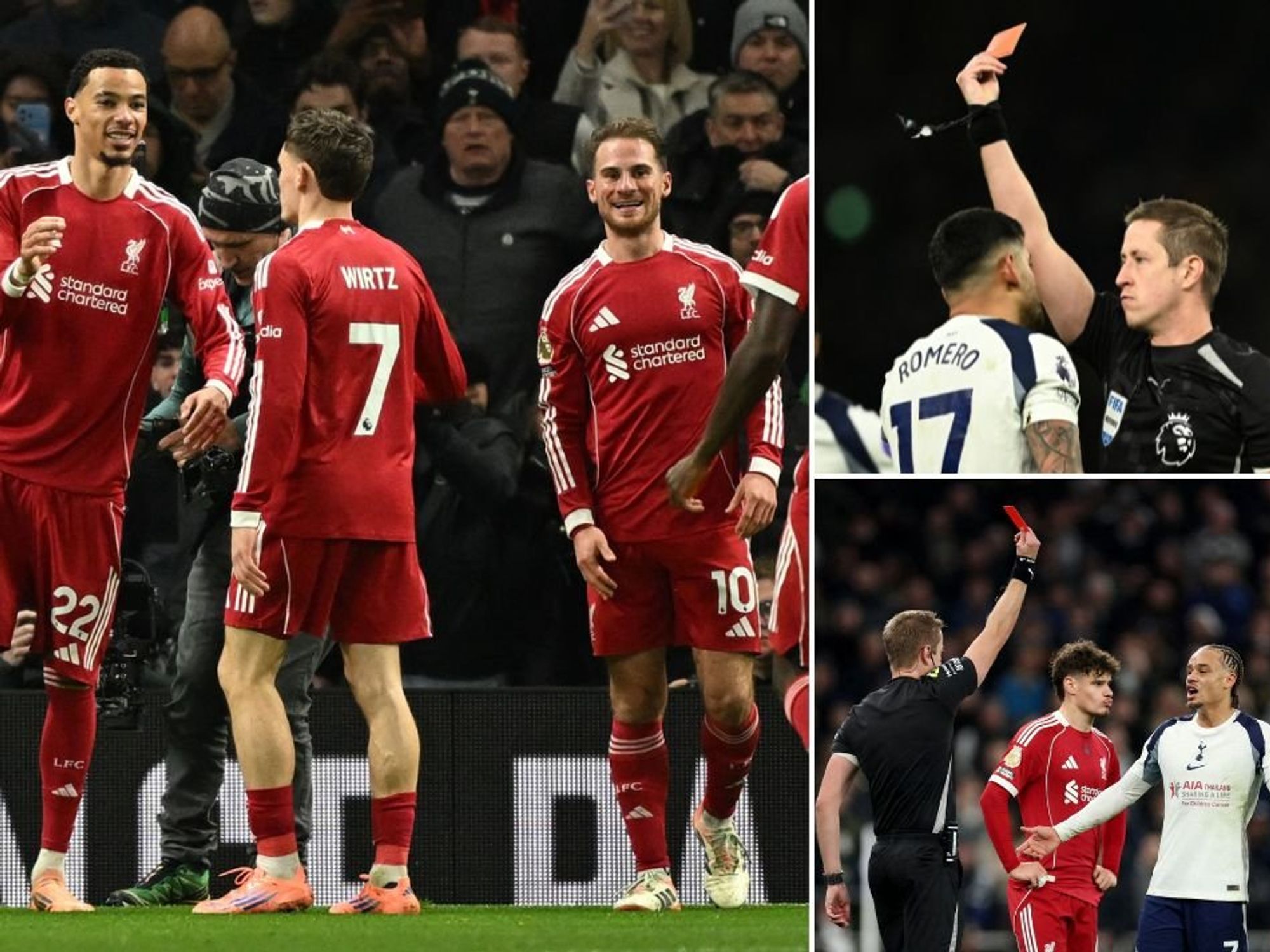 Liverpool edge past nine-men Tottenham after chaotic clash as Cristian Romero and Xavi Simons see red