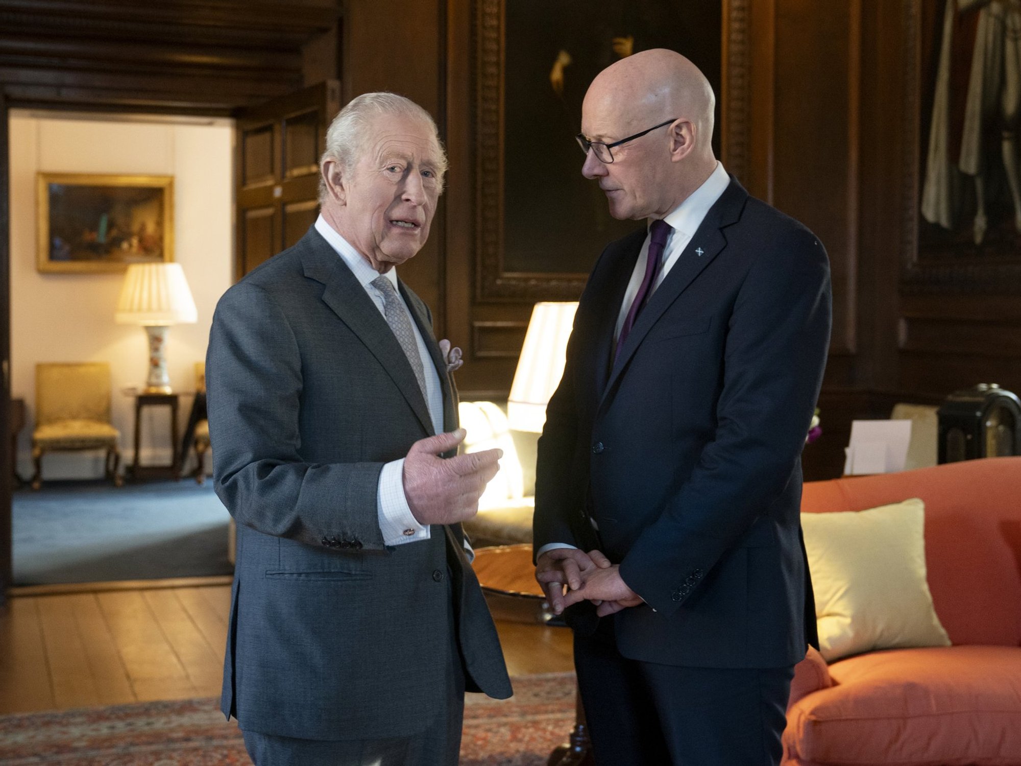 King Charles meets with Scotland's First Minister as monarch avoids reunion with Prince Harry in London