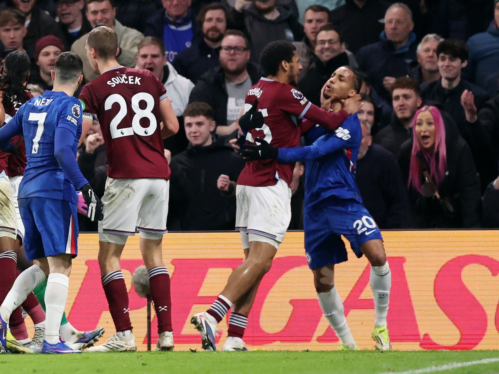 West Ham player sent off for 'violent conduct' during 22-man fracas in Chelsea clash