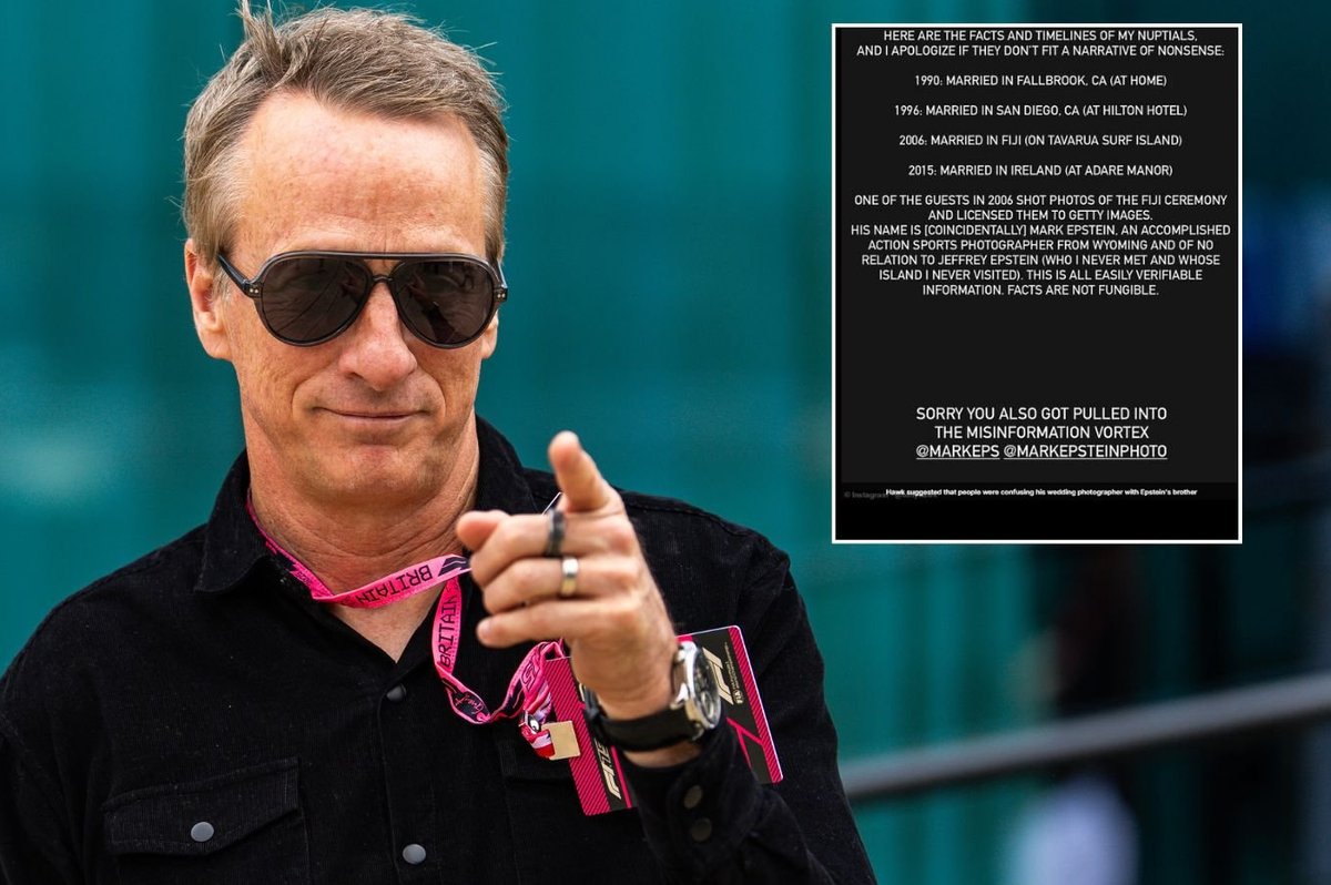 Tony Hawk denies marrying on Jeffrey Epstein's island as skateboarding icon debunks 'narrative of nonsense'
