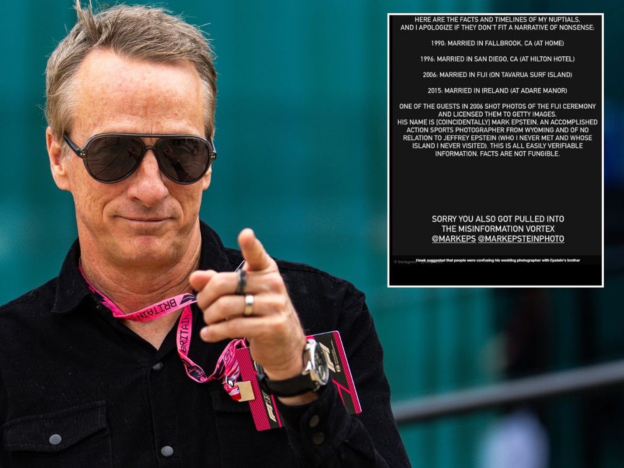 Tony Hawk denies marrying on Jeffrey Epstein's island as skateboarding icon debunks 'narrative of...