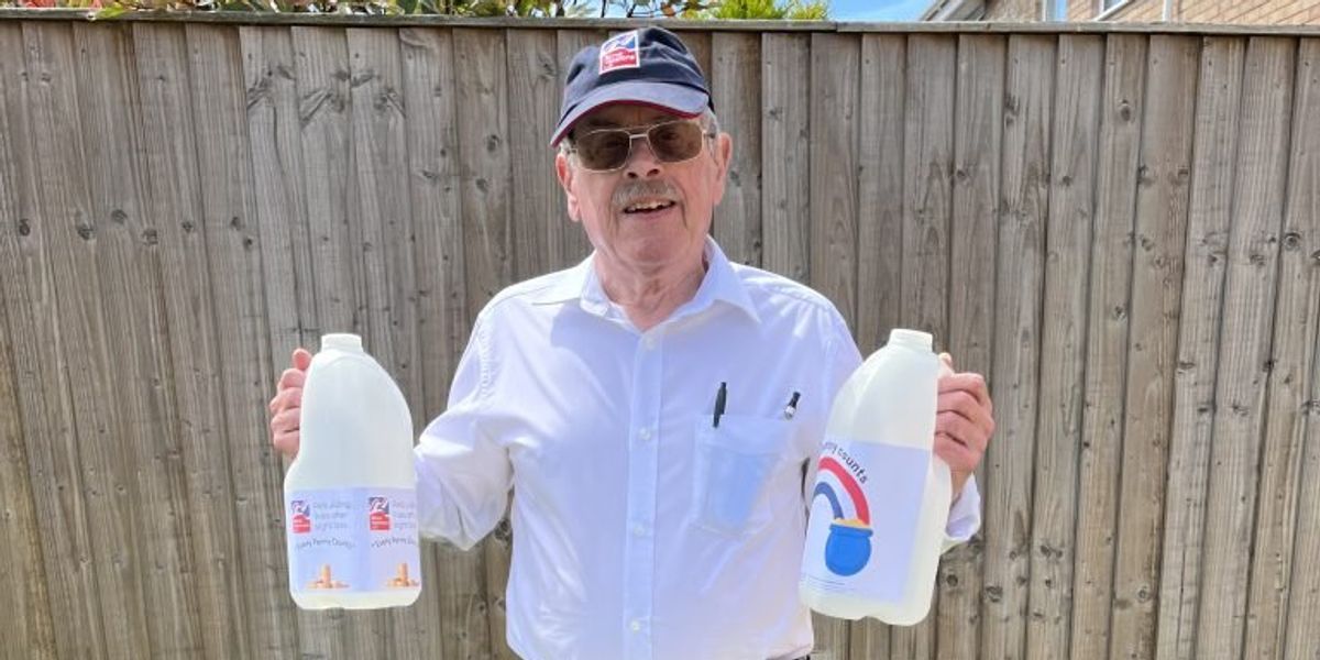 Blind veteran, 79, fundraising for military charity collecting pennies in old milk bottle Blind veteran, 79, fundraising for military charity collecting pennies in old milk bottle