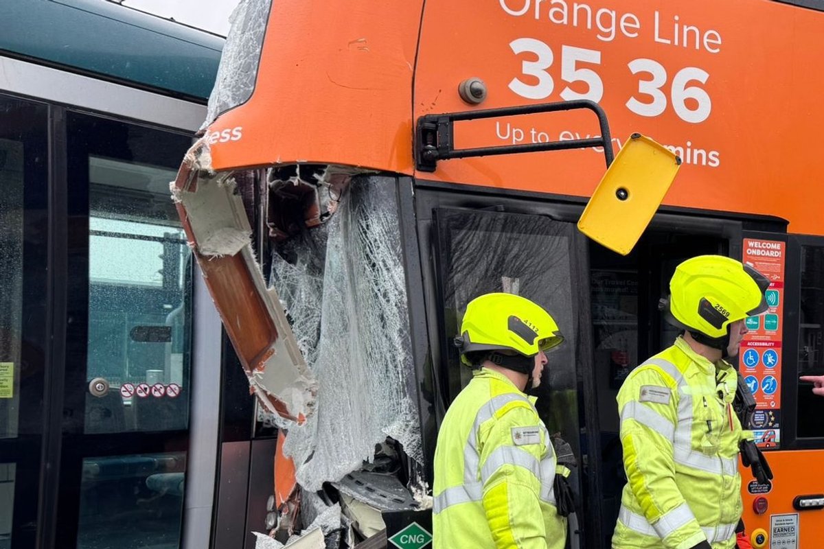 Bus and tram collide as emergency services rush to scene to treat passengers outside major UK city