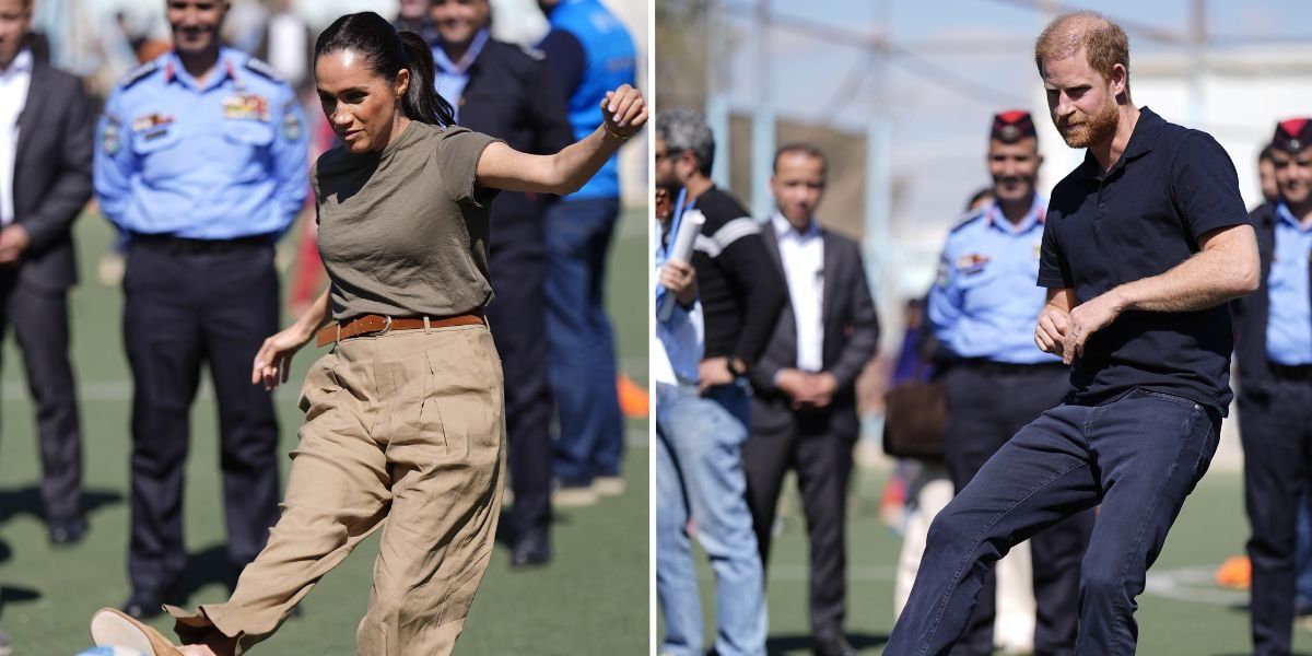 Meghan Markle puts Prince Harry to shame on football pitch with powerful strike Meghan Markle puts Prince Harry to shame on football pitch with powerful strike