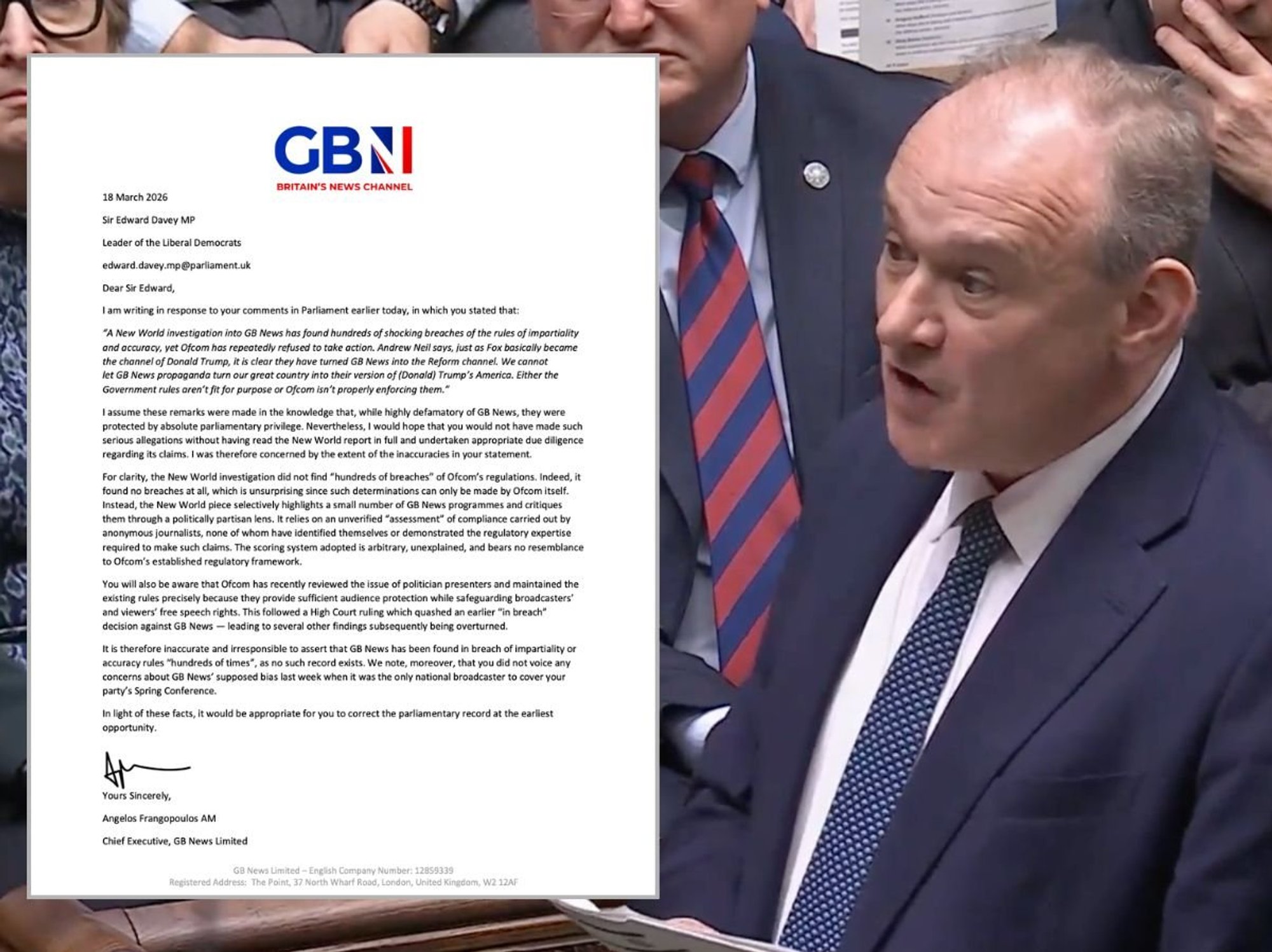 GB News CEO Angelos Frangopoulos writes an open letter to Lib Dem leader Sir Ed Davey - read in full