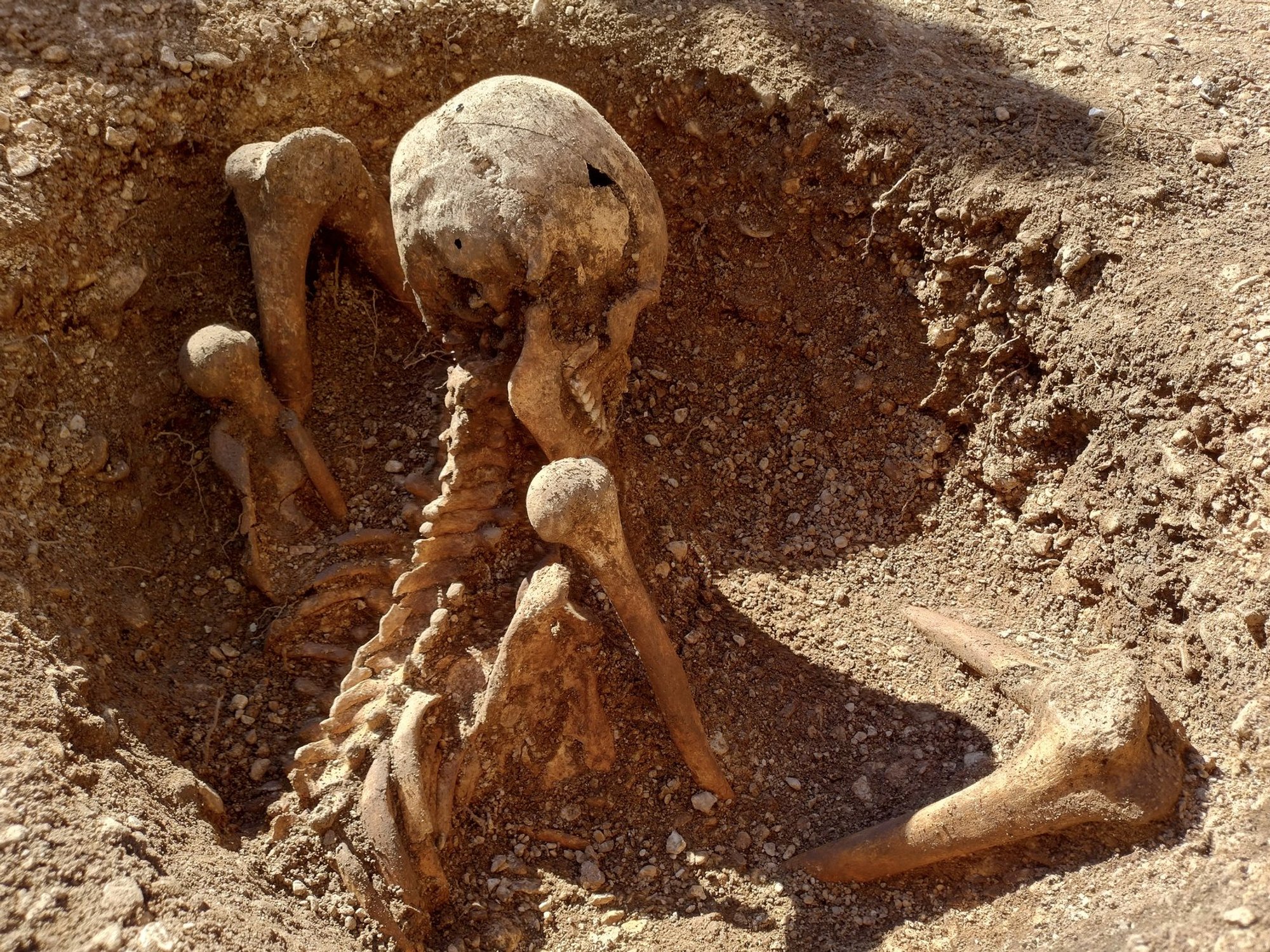Schoolchildren left horrified as ancient skeleton emerges sitting upright from playground in France