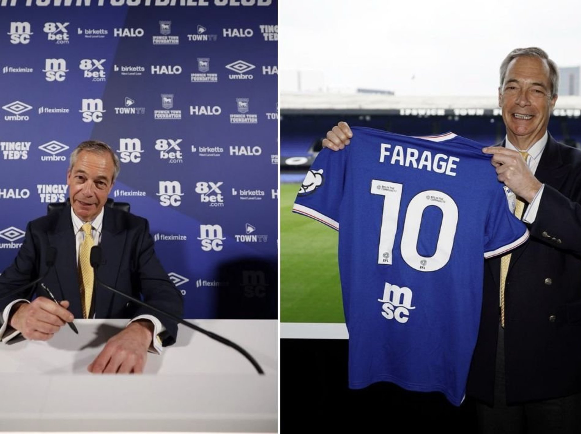 Ipswich Town release statement after Nigel Farage pictured at Portman Road with shirt: 'We are ap...