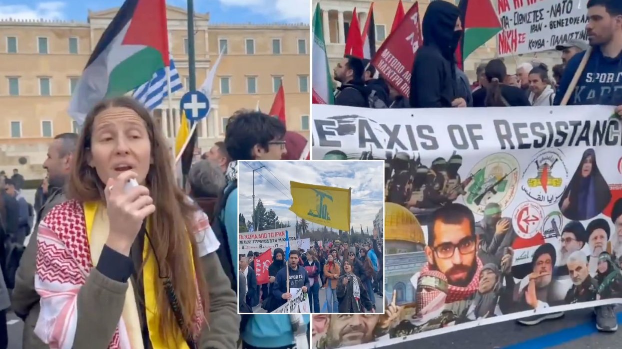 Greek protesters glorify 'Axis of Resistance' with banner featuring Hamas, Hezbollah and Houthis