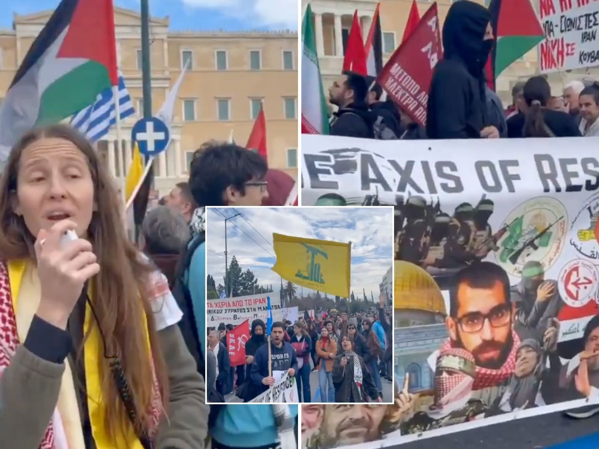 Greek protesters glorify 'Axis of Resistance' with banner featuring Hamas, Hezbollah and Houthis