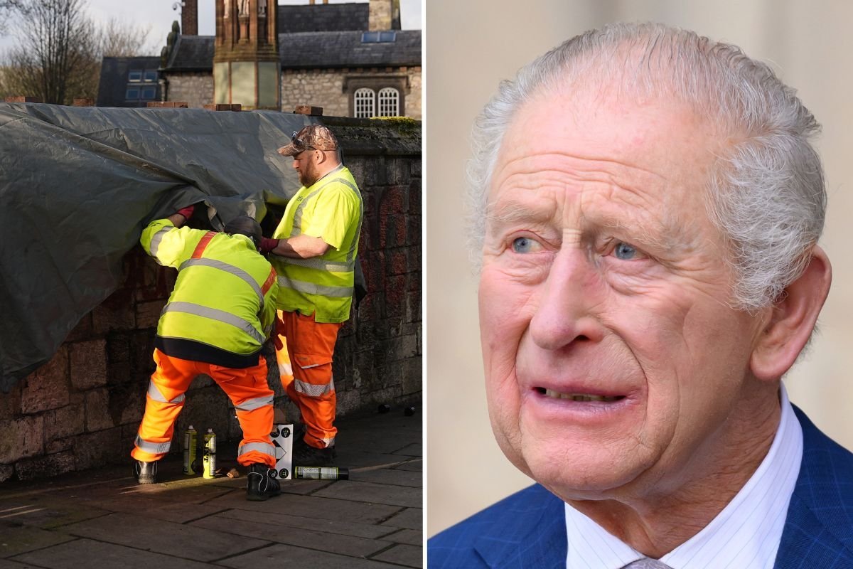 Workers rush to remove 'Not Our King' graffiti before monarch and Queen Camilla arrive at royal event
