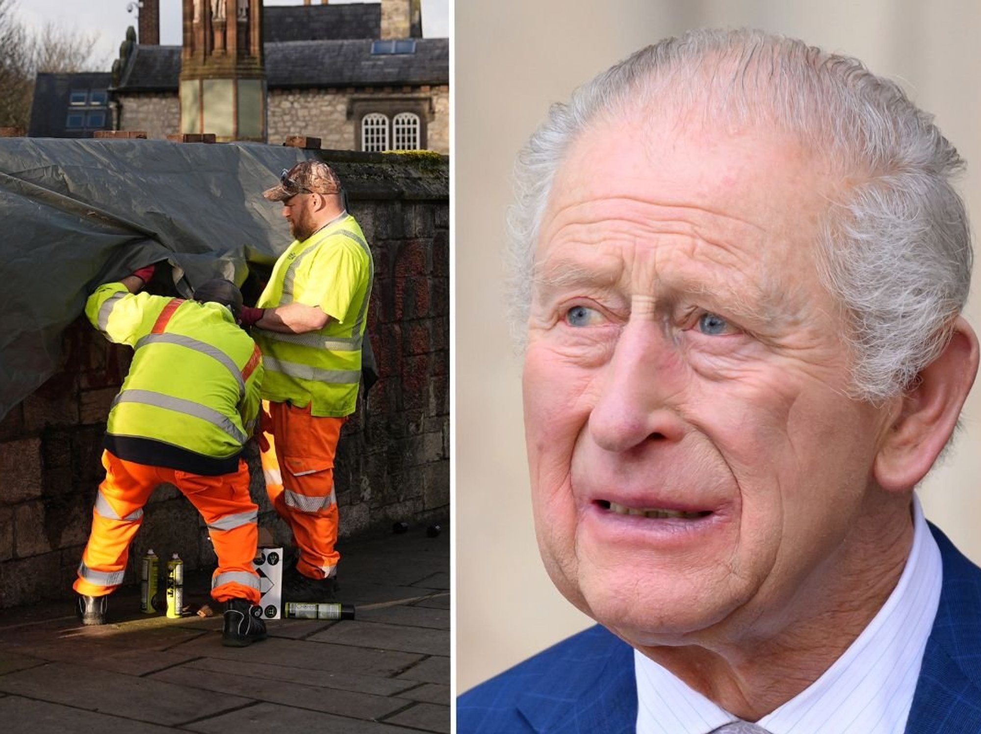 Workers rush to remove 'Not Our King' graffiti before monarch and Queen Camilla arrive at royal event