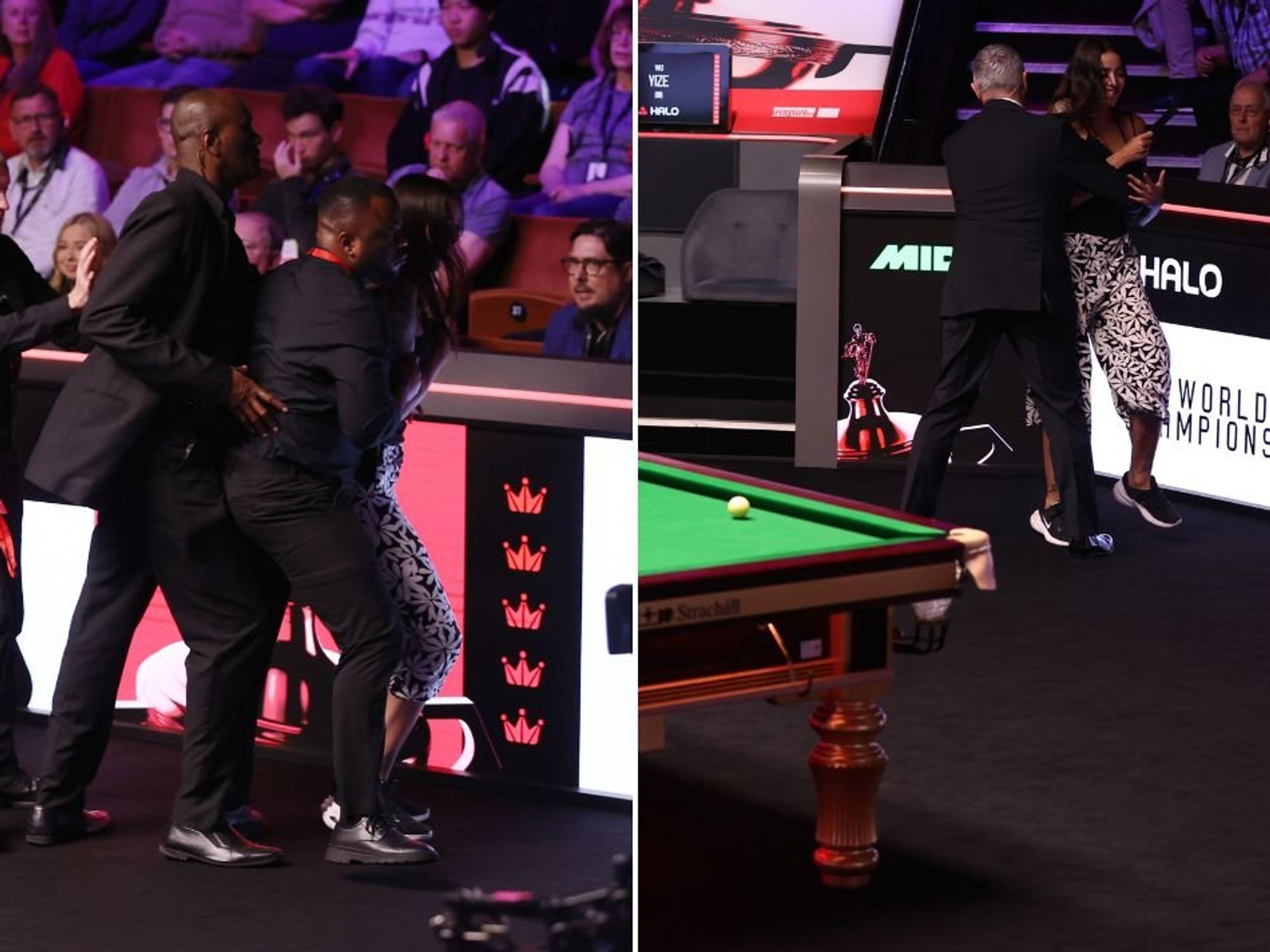 World Championship final halted after protester vaults into playing area to blast BBC TV licence fees