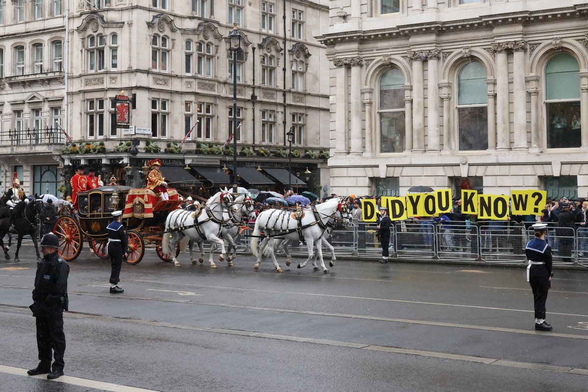King Charles and Queen Camilla met with protests regarding Andrew Mountbatten-Windsor on route to Parliament