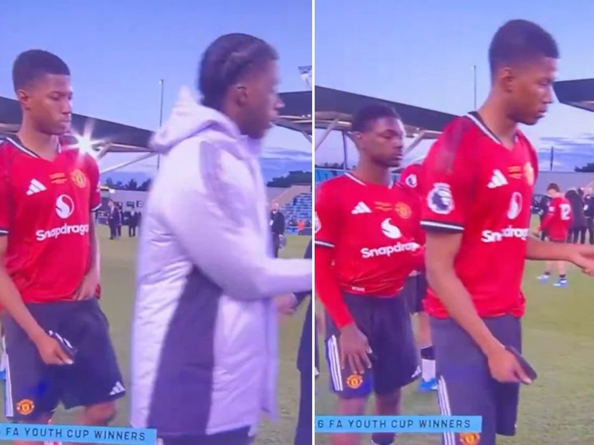 Man Utd youngster sparks fury for shaking hands with FA official after appearing to rub crotch