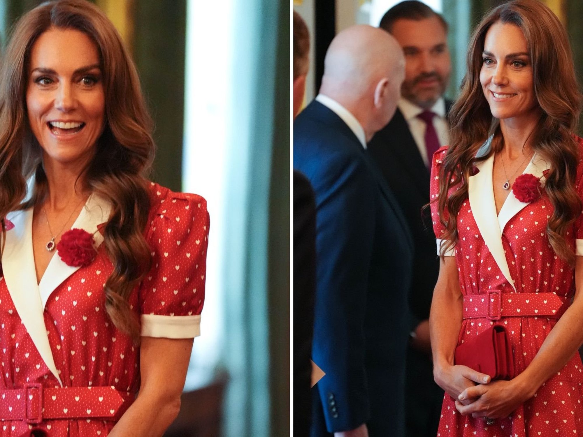 Princess of Wales looks radiant in red as she joins King and Queen for Cancer Research UK reception