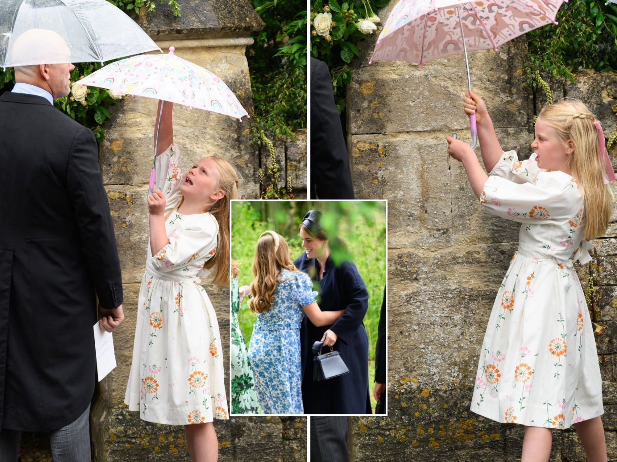 Mia and Lena Tindall steal show at Peter Phillips' wedding as pair shield from the rain and embra...