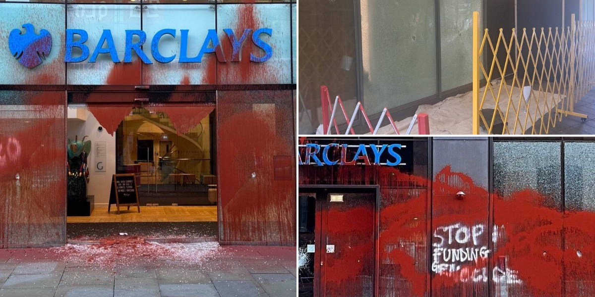 NextImg:Palestine protesters smash glass windows of Barclays Bank cover branch in red paint