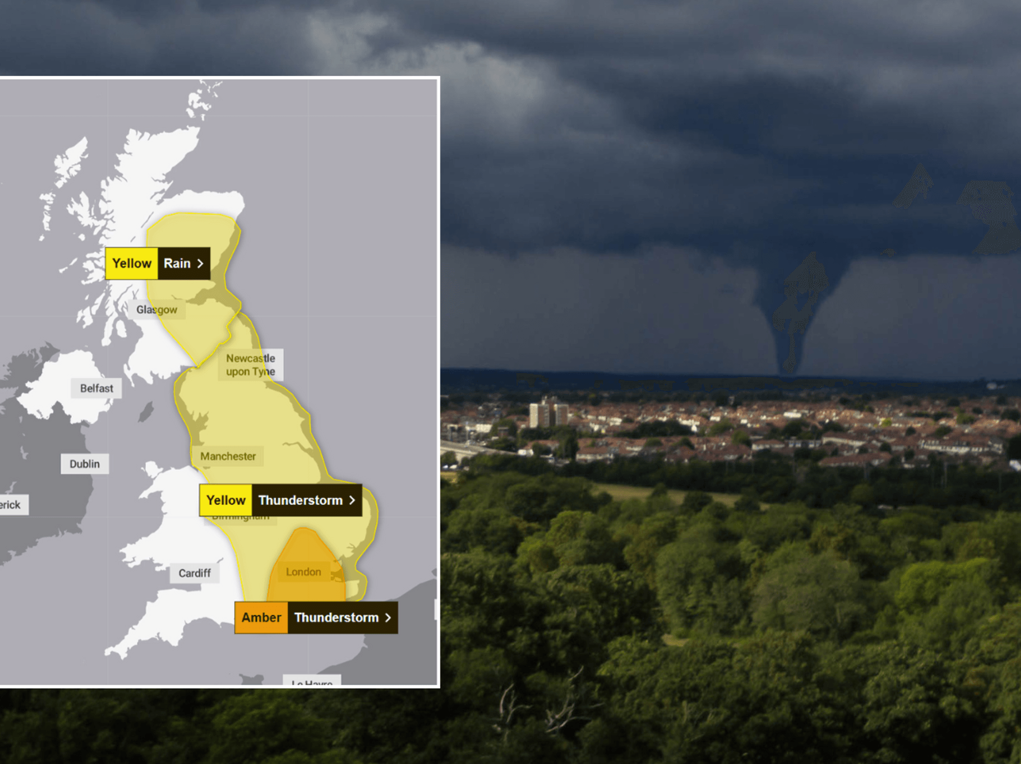 Millions of Britons told to brace for tornado as Met Office upgrades storm warnings to amber