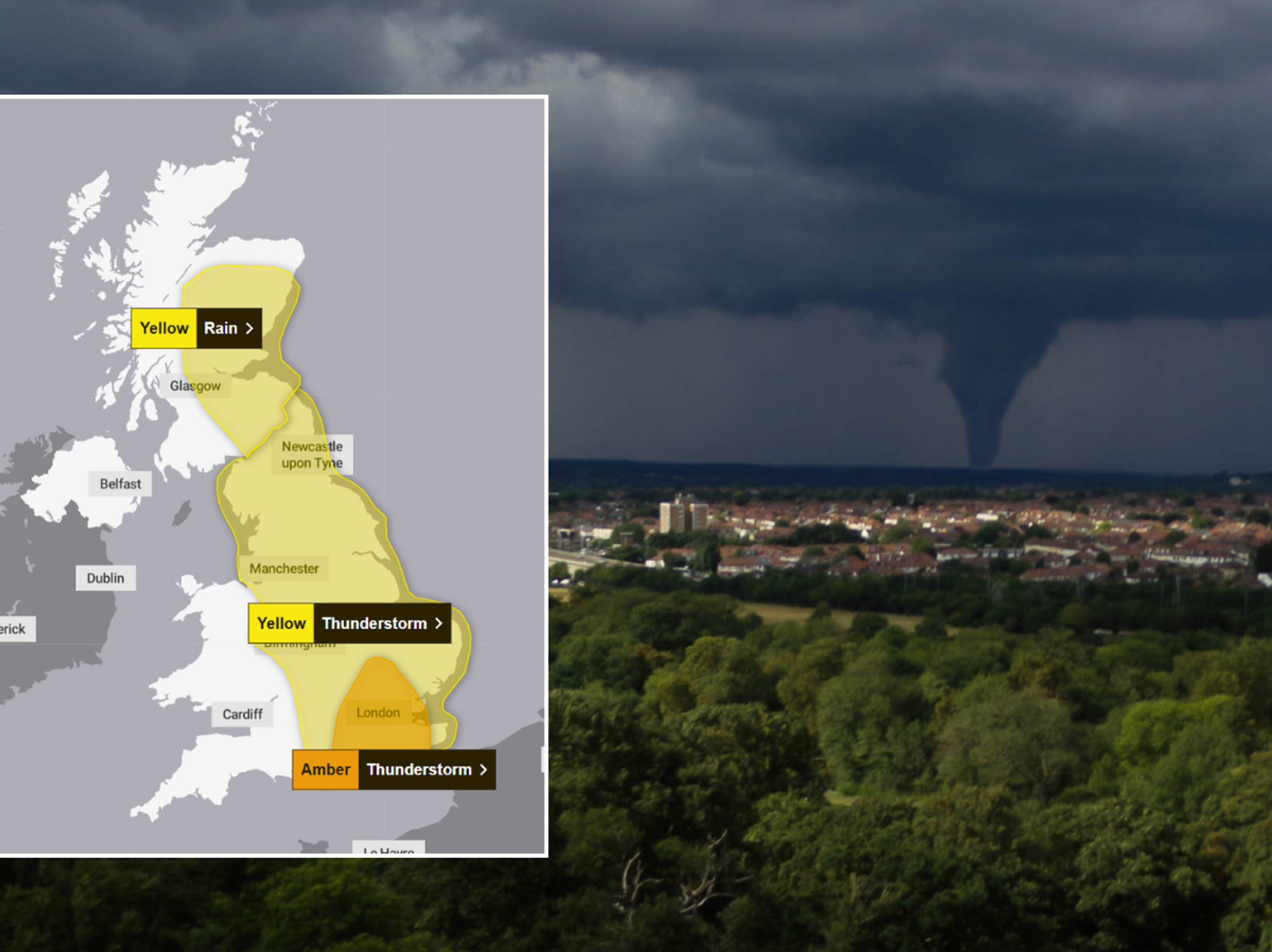 Millions of Britons told to brace for tornado as Met Office upgrades storm warnings to amber