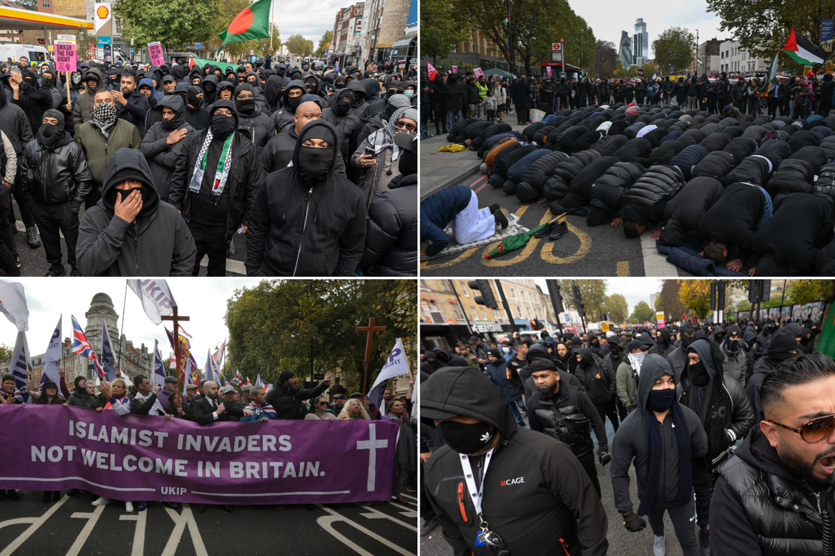 Columns of masked Muslim men chant 'Allahu Akbar' in London in 'protest' against Ukip demonstration