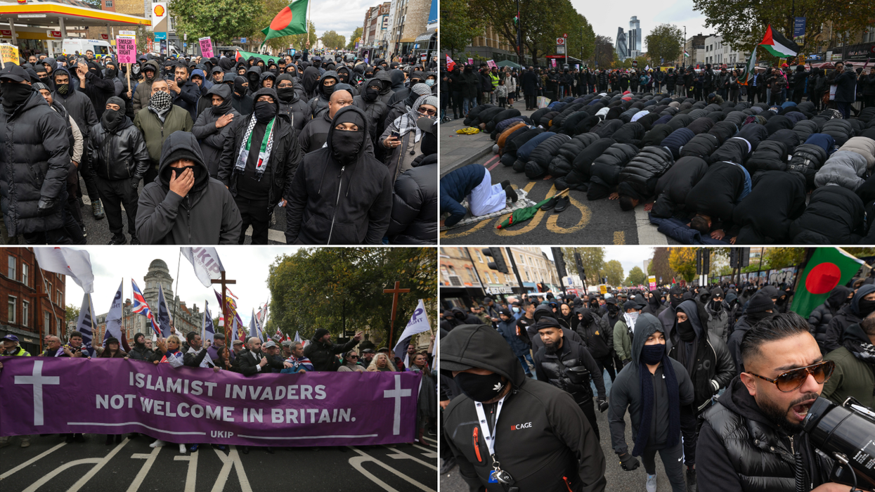 Columns of masked Muslim men chant 'Allahu Akbar' in London in 'protest' against Ukip demonstration