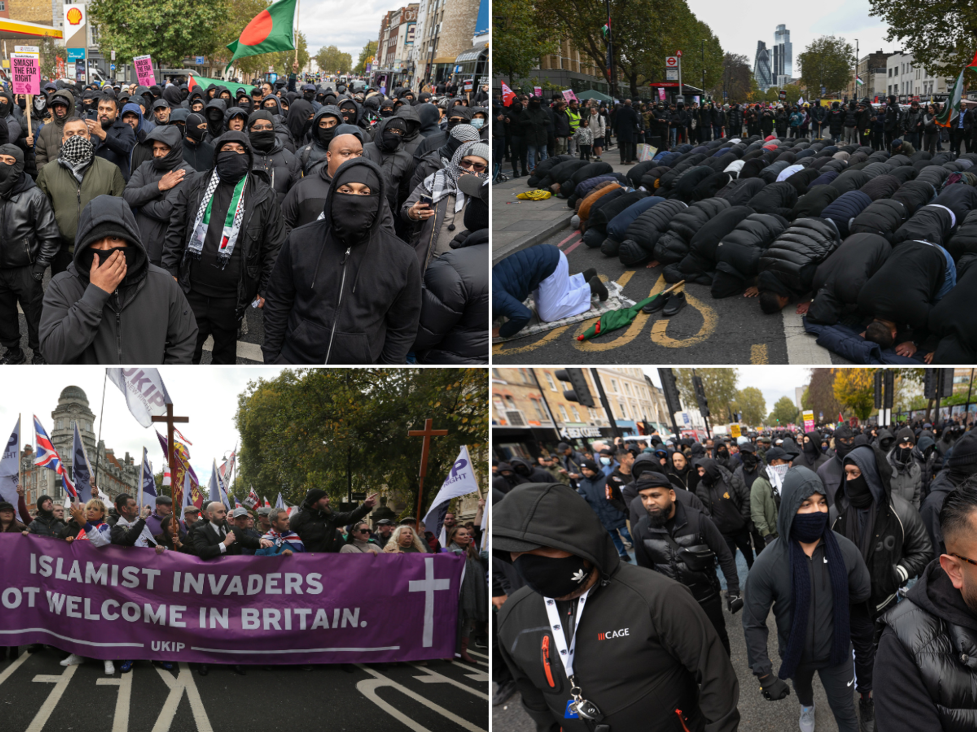 Columns of masked Muslim men chant 'Allahu Akbar' in London in 'protest' against Ukip demonstration