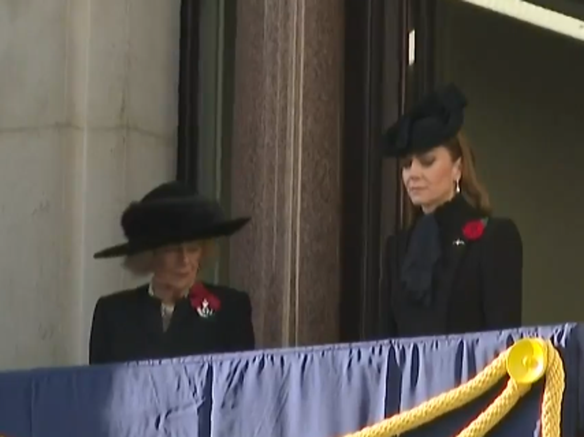 Queen Camilla takes senior position on central Remembrance Sunday balcony beside Princess Kate