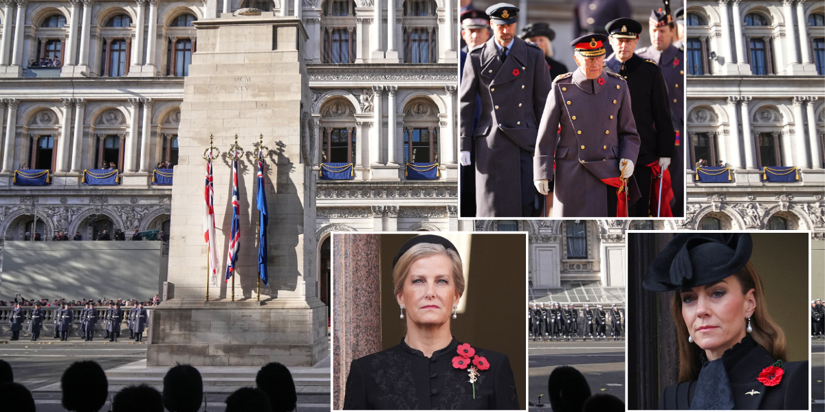King Charles leads Prince William and Prince Edward at Cenotaph on Remembrance Sunday as Kate Middleton and Queen Camilla watch on thumbnail